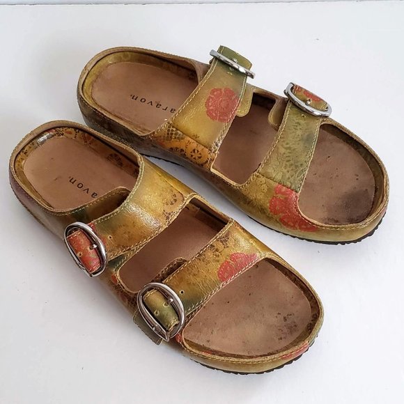 Boho ARAVON Slides Genuine Leather Mustard Floral sandal Slip-on Sandal Flats - Picture 7 of 16